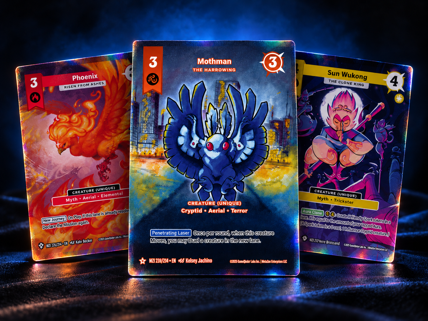 MetaZoo card display featuring Kelsey Jachino’s Hidden Rare Mothman, with Phoenix and Sun Wukong